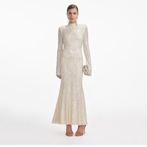 Self Portrait cream square rhinestone fishnet midi dress